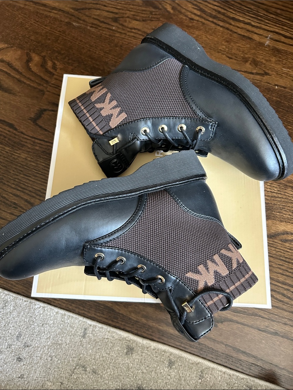 Michael Kors Leather Lace-Up Ankle Boots with Brown Trim - Picture 3 of 8